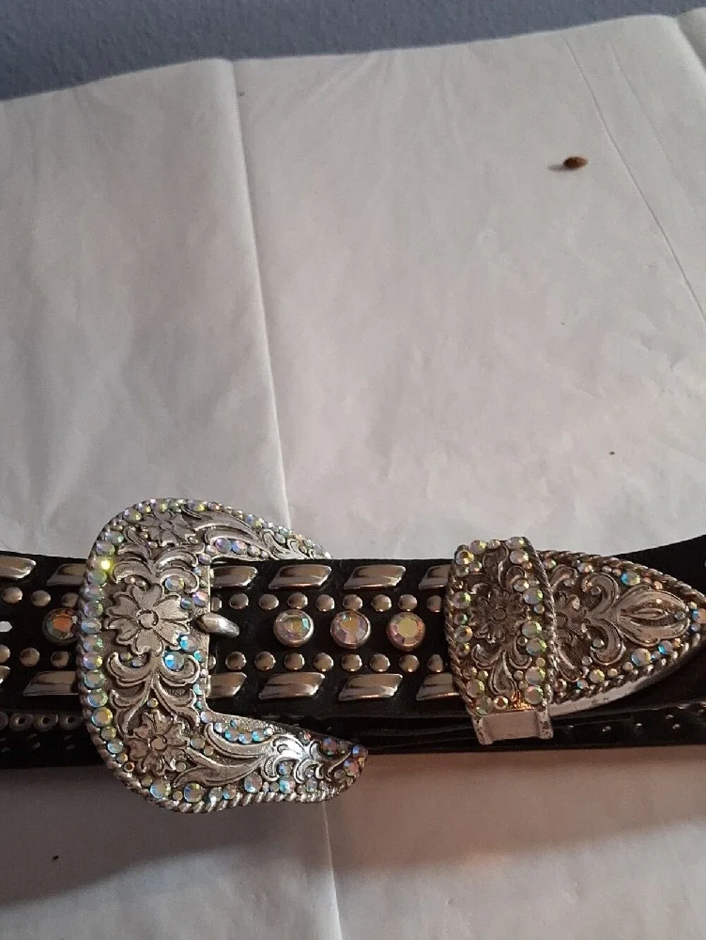 Black Rhinestone Western Belt with Ornate Silver Buckle - Nocona